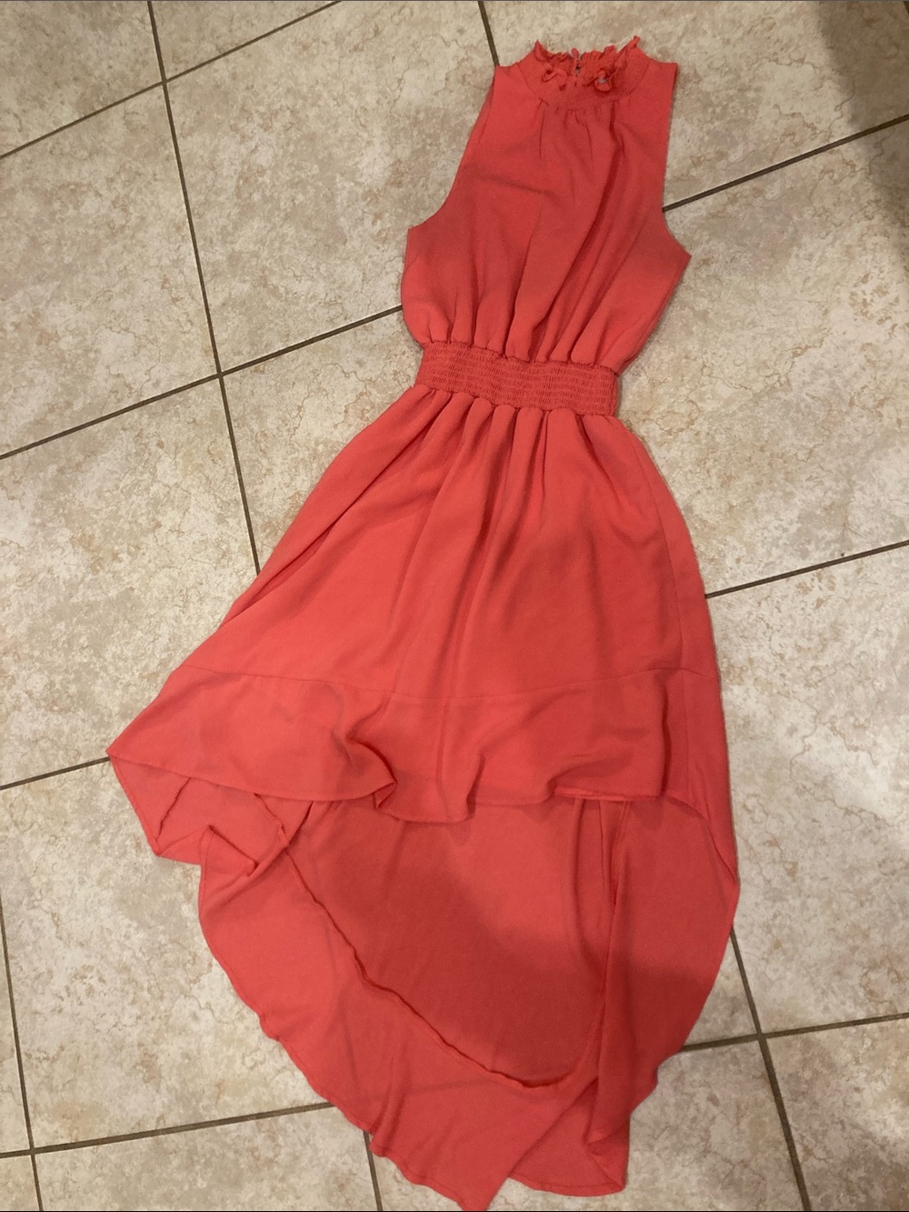 belle sky Coral High-Low Ruffle Neck Smocked Waist Dress